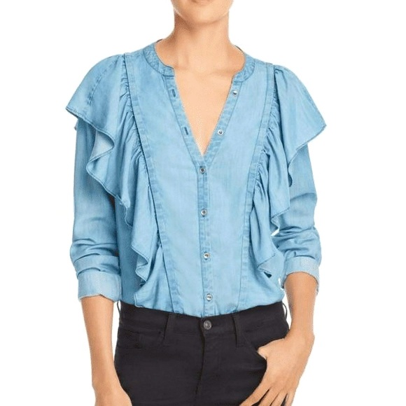 NWOT 🔹PAIGE Chambray Ruffled Button Down Tencel Long Sleeve Shirt (brand new!) - Picture 1 of 7